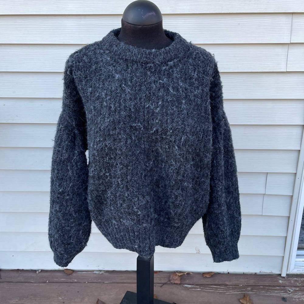 Charcoal Crewneck Sweater with Chunky Knit and Cable Design - Picture 1 of 4